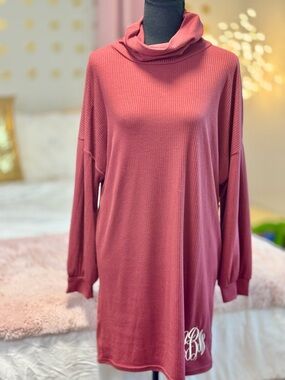 Jordann Ribbed Cowl Neck Tunic Dress M Mauve Pink Monogram Oversized Cozy
